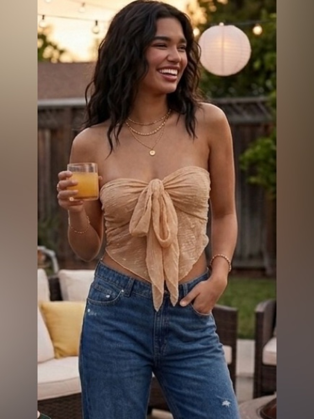 Strapless Tie-Front Sheer Top in Beige, M, NWOT
P2P: 15”-16”